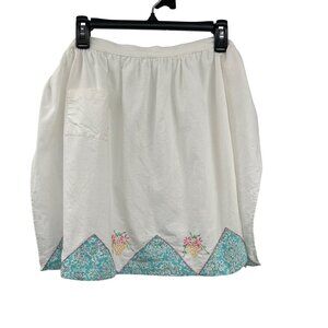 Vintage Handmade Embroidered Half Apron Used Floral Cottagecore *small hole